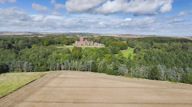 Ayton Castle from a drone, Ayton, Eyemouth, Scottish Borders, Scotland, UK