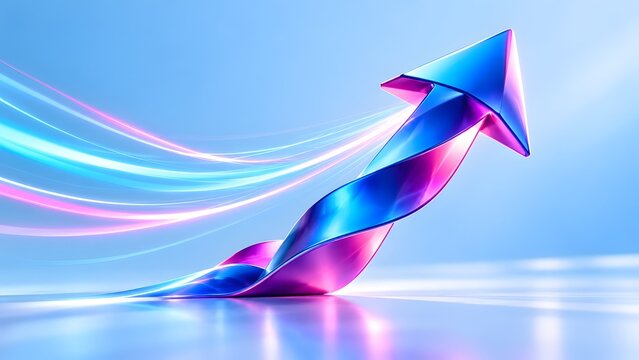 Abstract 3D twisted metallic arrow glowing in pink and blue pointing upward for modern business and technology growth