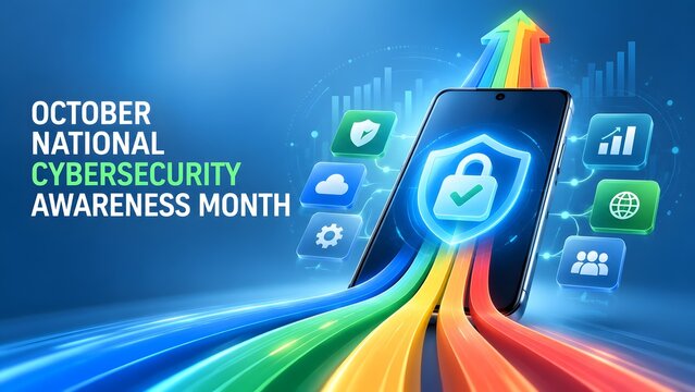 Smartphone digital security ecosystem with upward rainbow arrows and shield icon for cybersecurity awareness month