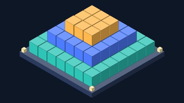 Isometric 3D Cubes Assembling into a Pyramid Structure on Dark Background, Motion Graphics Animation