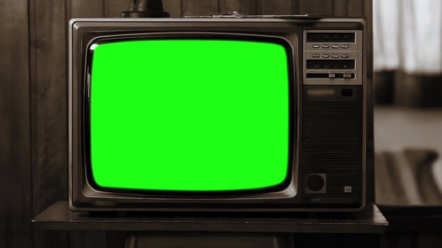 Retro Television Set with Blank Green Screen Display in Warm Sepia Tone, Zoom In - 4K