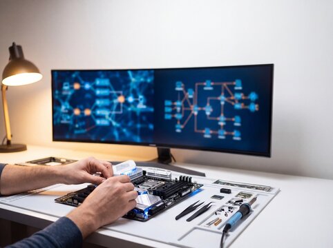 Building a computer at a desk with two monitors showing data