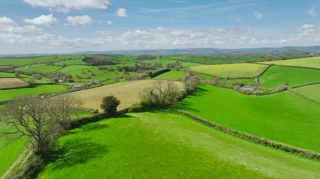 Fields and Farmlands at spring from a drone, Devon, England, United Kingdom