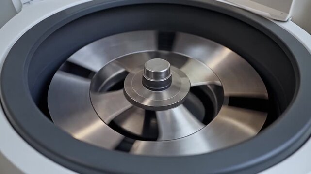 Silver metallic laboratory centrifuge rotor spinning rapidly inside a white machine casing