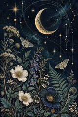 Fototapeta premium Vintage celestial crescent moon above enchanted midnight wildflowers
