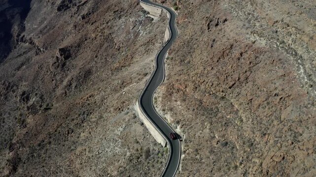 Drone shot, mountain road at the Degollade de las Yeguas viewpoint, Gran Canaria, Canary Islands, Spain