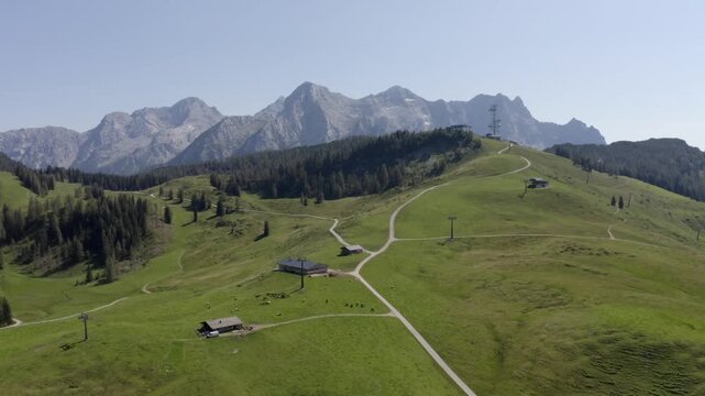 Drone flight over the Loferer Alm, Lofer, Pinzgau, Land Salzburg, Austria