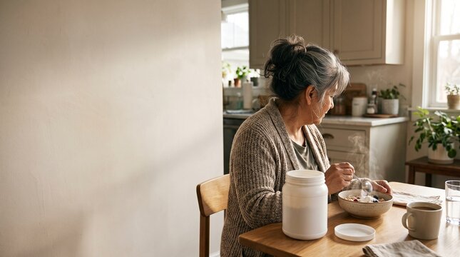 Older Woman Adding Creatine Supplement to Morning Oatmeal