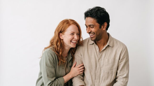 Happy young couple laughing together while interacting in a bright studio with smiling people joyful couple portrait shared laughter