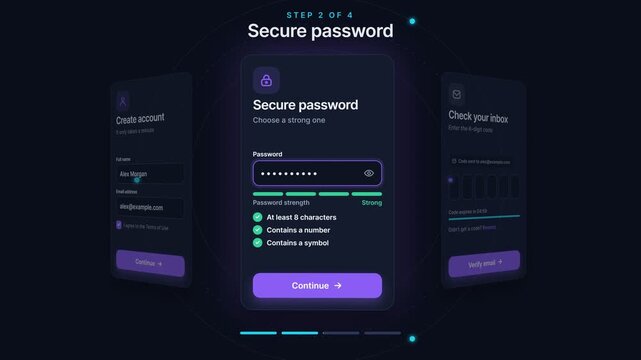 User Registration and Onboarding Process Animation, Modern Dark Mode UI Interface Design with Password Security and Email Verification Steps