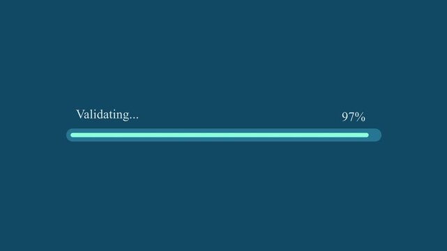 Motion graphic of cyan validating progress bar reaching 97 percentage completion on dark blue background, depicting system verification and security check.
