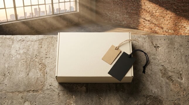 Cardboard mailing box with tags on stone surface