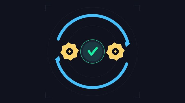 Digital interface design featuring a central success checkmark icon surrounded by rotating mechanical gears and circular motion path indicators