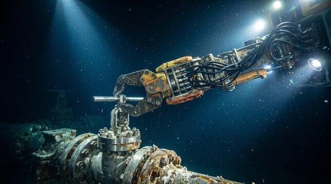 Subsea ROV Robotic Arm Inspecting Deep Ocean Wellhead Valve Assembly