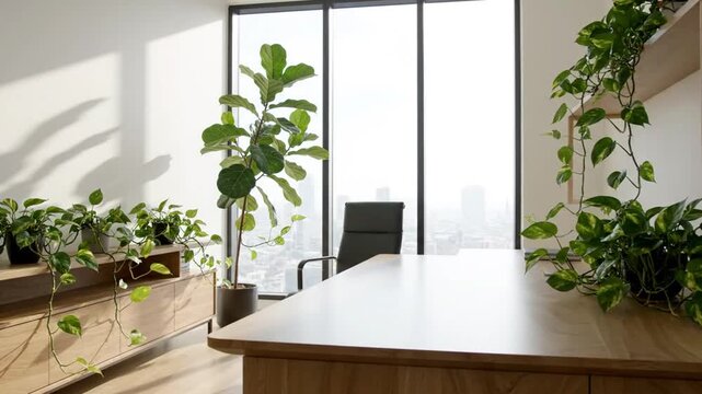 Modern bright office with wooden desk and lush green plants