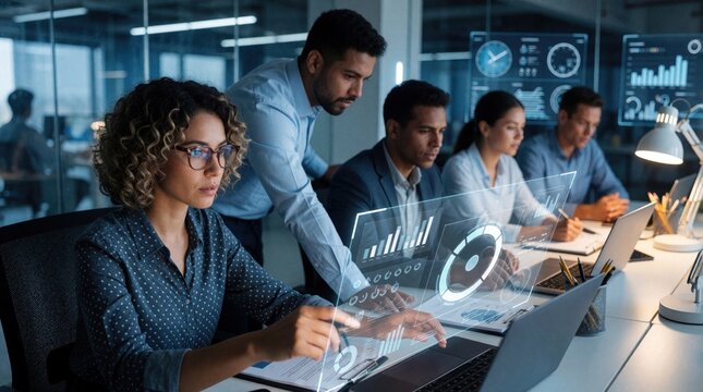Diverse business team works with holographic data interface in modern office. Pro colleagues analyze digital charts, graphs, financial stats on futuristic screen. Group of multicultural coworkers