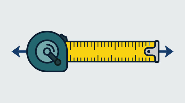 Flat illustration of a yellow measuring tape ruler extended for length measurement