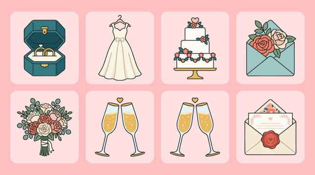 Collection of flat wedding celebration icons including dress cake rings and flowers on pink background