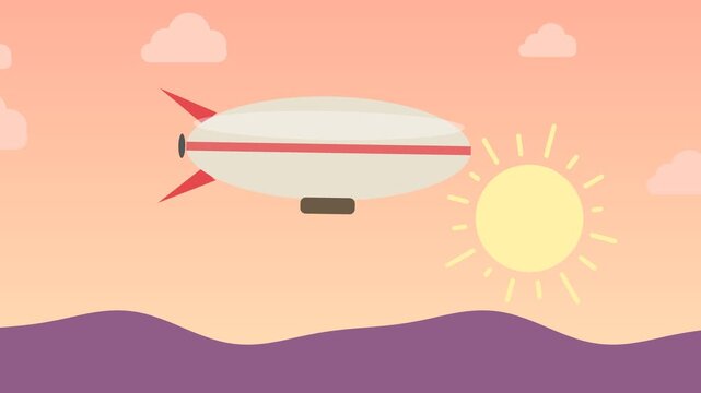 Animated Blimp Flying Over Hills at Sunset