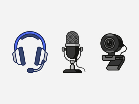 Vector illustration set of podcasting and streaming equipment including headphones, microphone, and webcam
