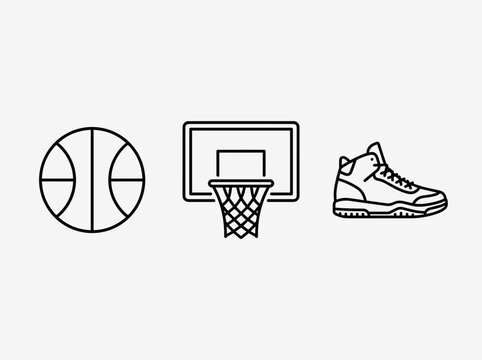Minimalist Basketball Equipment Line Icon Set Featuring Ball Hoop and Athletic Sneaker