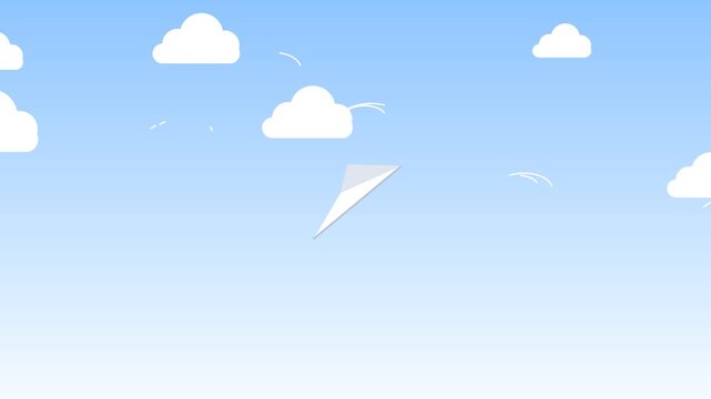 Paper airplane flying through sky with clouds