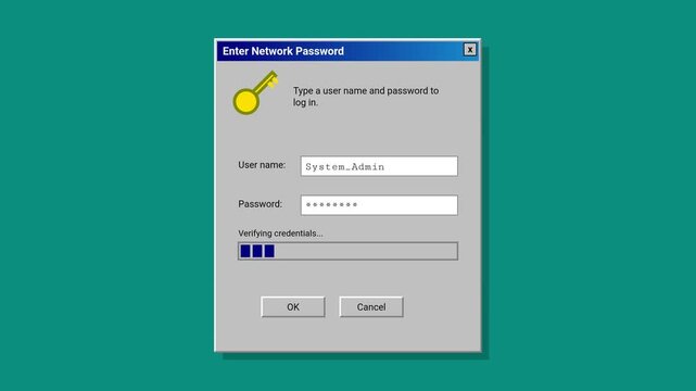 Retro Computer Network Login Interface Animation with Password Authentication Window