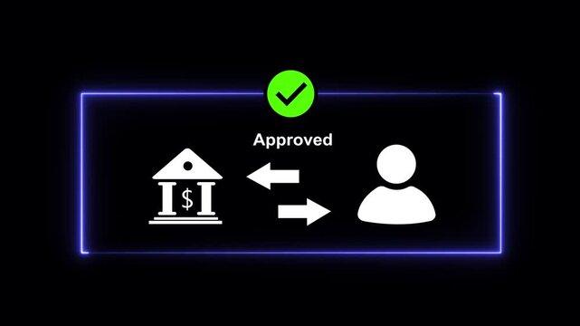 Digital financial transaction approval concept featuring bank and user with animated green checkmark for secure online banking, money transfer authorization, and successful payment processing