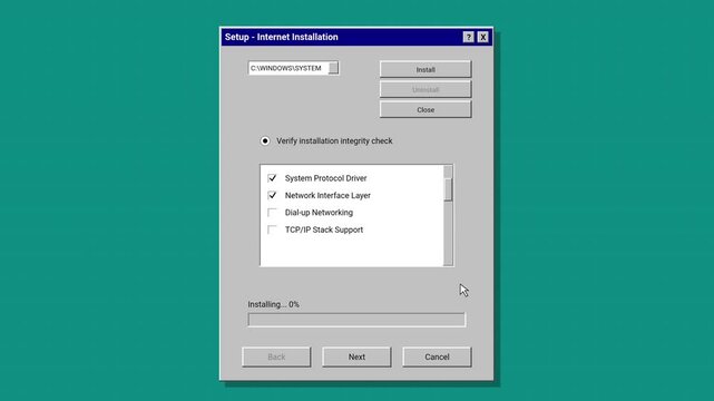 Animated Retro Computer Software Installation Window with Internet Setup Progress Bar