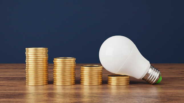 Coins stacked decrease beside light bulb. Finance investment recession crisis. money budget saving expense, value reduction down decayed, risk loss