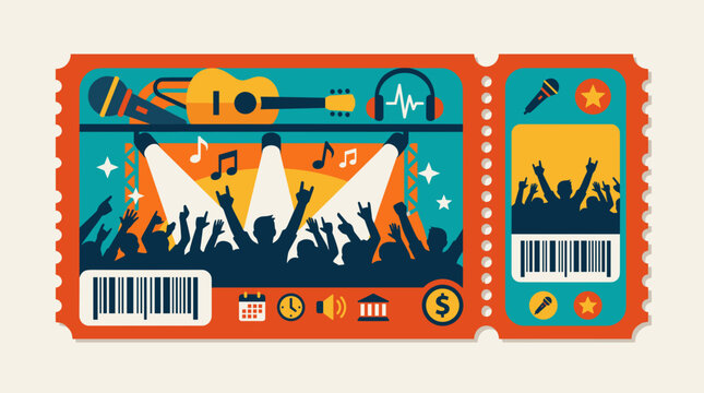 Flat Vector Illustration of a Music Concert Ticket with Live Audience and Instruments