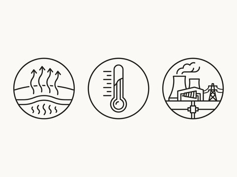 Geothermal Energy Icon Set Representing Heat Extraction Temperature Monitoring and Sustainable Power Generation