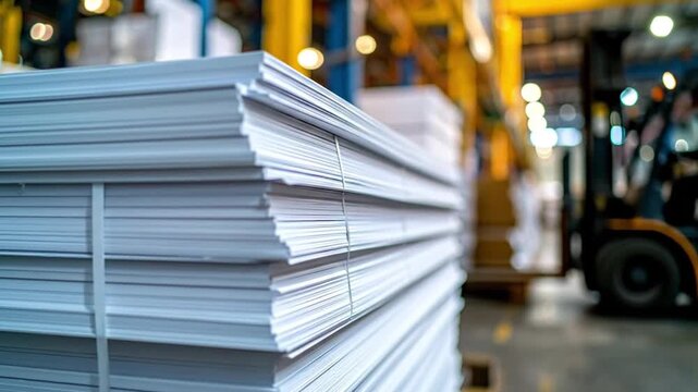 Stacked Sheets of White Paper in Industrial Warehouse with Forklift in Background