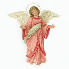 Fototapeta premium Vintage angel illustration with wings, halo, and flowing pink robe