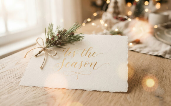 Christmas greeting card with handwritten Tis the Season calligraphy pine branch and twine on a rustic wooden table with festive bokeh lights background