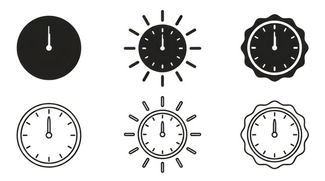 Six stylish analog clock designs with sunburst effects