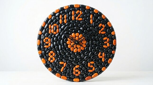 Round wall clock made of polished black and orange river stones, autumn seasonal interior decor, unique handmade timepiece for home living room wall decoration