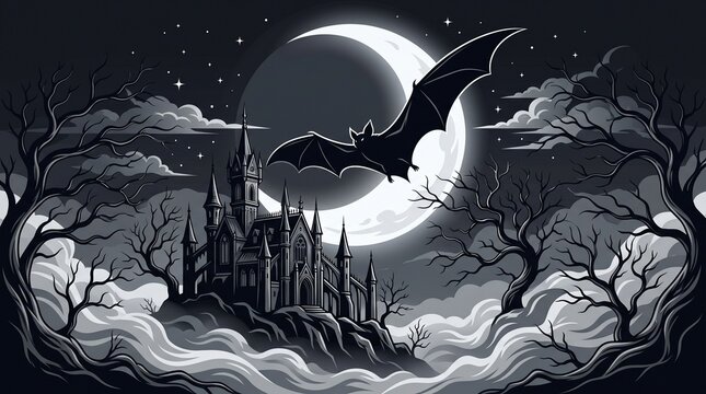 Flying Black Bat Above Haunted Gothic Castle Under Full Moon