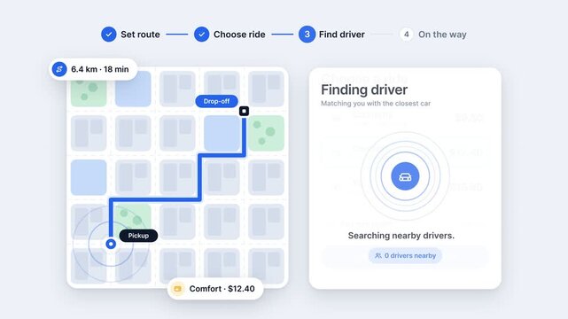 Ride Sharing Mobile App Interface Animation showing Route Planning and Real-time Trip Tracking, Isolated on Solid Background