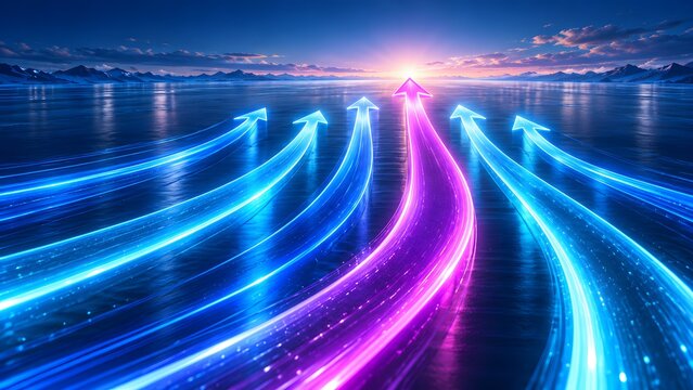 Converging neon light arrow trails heading towards a bright horizon symbolizing strategic business vision and future progress
