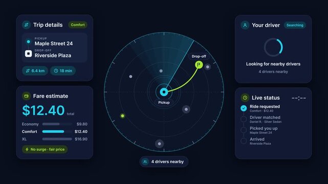 Ride Sharing Mobile App Interface Animation Showing Driver Search, Trip Details, and Fare Estimate on Dark Background