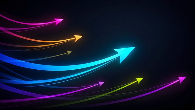 Colorful elegant glowing light arrow trails sweeping upward on dark background symbolizing creative progress and digital innovation