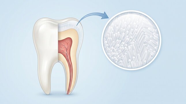 Detailed medical illustration of tooth cross section showing enamel micro prism structure, dentin layer, and pulp cavity with zoomed-in view for dental education.   