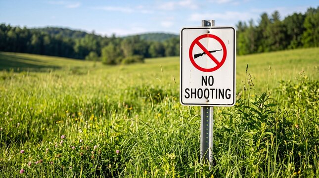 A warning sign posted in a lush green countryside field indicating that hunting is strictly prohibited for safety reasons to protect nature and local wildlife in a peaceful rural environment area
