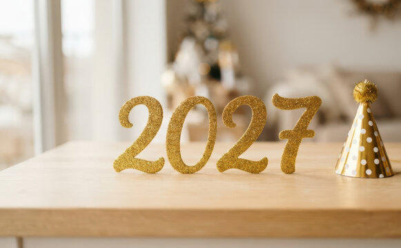 Sparkling gold glitter numbers spelling 2027 with party hat on wooden table for New Year celebration concept