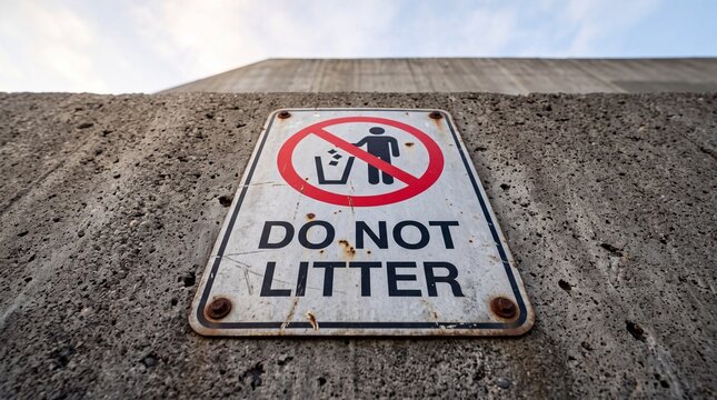 A weathered metal do not litter sign mounted on a textured concrete surface showing a public notice to keep the area clean and environmentally friendly for the benefit of all local community