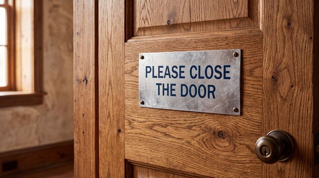 A request to keep the entrance shut is displayed on a rustic oak wooden door with a metal plaque featuring instructions for visitors to ensure privacy and comfort within the internal room area