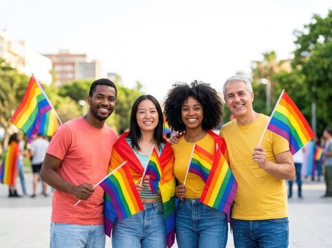 A vibrant group of diverse individuals stands proudly outdoors, smiling warmly and holding various colorful rainbow flags during a gathering, pride, cheerful, rainbow