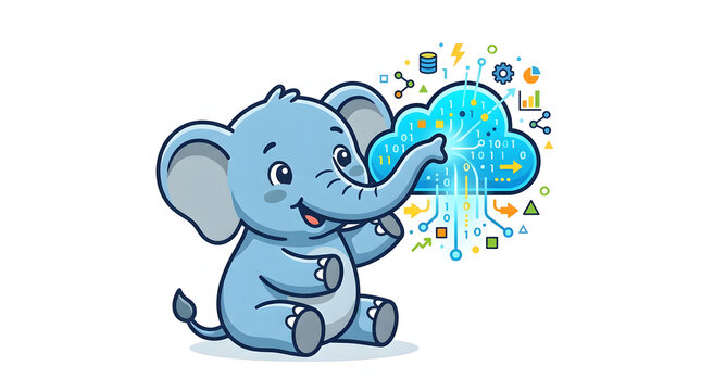 Cute cartoon baby elephant interacting with a digital cloud and binary data. Flat vector illustration of a tech-savvy kawaii animal. Perfect for cloud computing, tech, or education concepts.