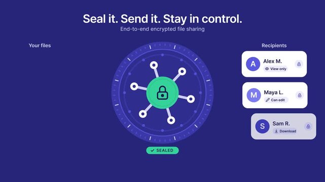 End-to-End Encrypted File Sharing Animation showing Secure Data Transfer and User Permissions, Isolated on Solid Background